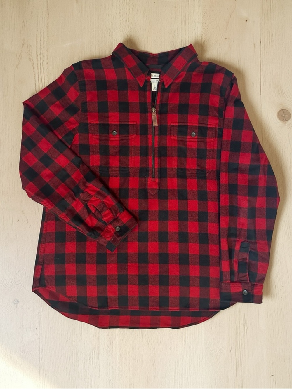 L.L. Bean Red and Black Plaid Quarter Zip Shirt Size L